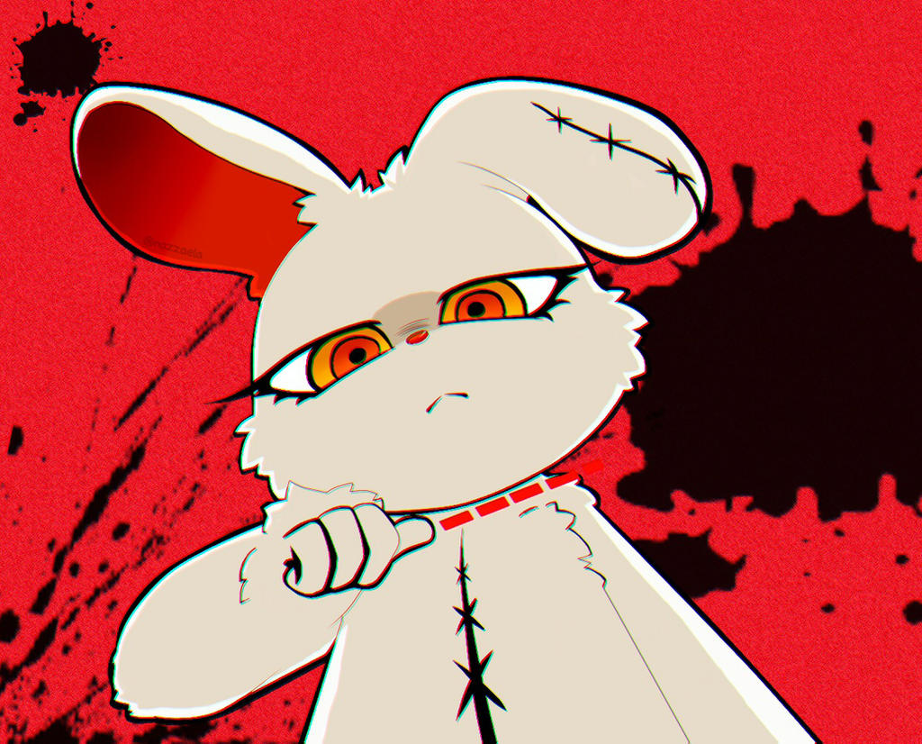 2020 2spot_studio anthro bloody_bunny bloody_bunny_(series) boomgalaxy dotted_line female lagomorph leporid looking_at_viewer looking_down looking_down_at_viewer mammal rabbit red_background simple_background solo tagme tuft