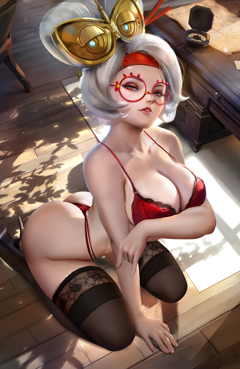 1girl arm_under_breasts ass black_thighhighs bra breasts chair compass desk english_commentary eyeshadow felox08 from_above full_body glasses goggles goggles_on_head headband high_heels highres kneeling large_breasts lips looking_at_viewer makeup map panties parted_lips purah red-framed_eyewear red_bra red_eyes red_eyeshadow red_headband red_lips red_panties round_eyewear solo strap_gap the_legend_of_zelda the_legend_of_zelda:_tears_of_the_kingdom thighhighs thong underwear white_hair wooden_floor