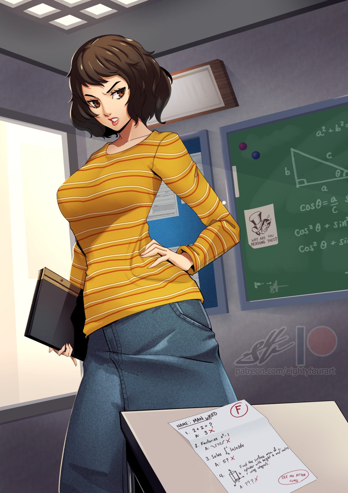 1girl angry brown_hair classroom collarbone desk eightyfourart highres kawakami_sadayo lips paper persona persona_5 short_hair skirt teacher test