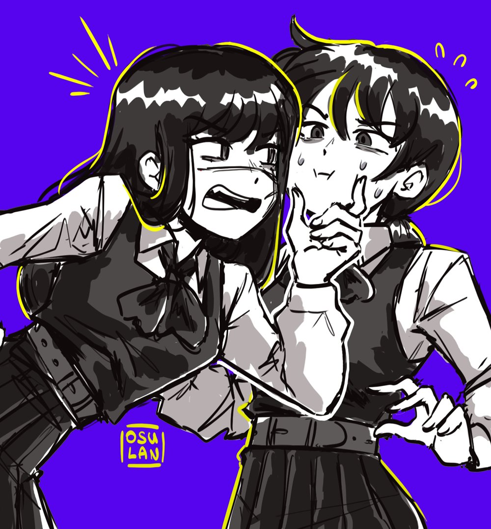 2girls artist_name black_hair blue_background chainsaw_man cross_scar dress face_squeeze fourth_east_high_school_uniform greyscale_with_colored_background hand_on_another's_face long_hair looking_at_another mitaka_asa multiple_girls open_mouth osulan pinafore_dress scar scar_on_cheek scar_on_face school_uniform simple_background sleeveless sleeveless_dress sweat yoru_(chainsaw_man)
