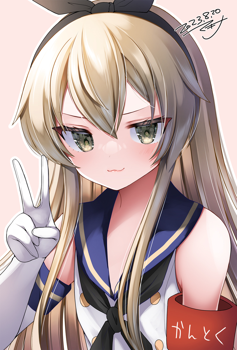 1girl black_neckerchief blonde_hair blue_sailor_collar blush closed_mouth crop_top dated elbow_gloves gloves hair_between_eyes highres kantai_collection long_hair makina00 neckerchief sailor_collar school_uniform serafuku shimakaze_(kancolle) signature sleeveless smile solo upper_body v white_gloves yellow_eyes