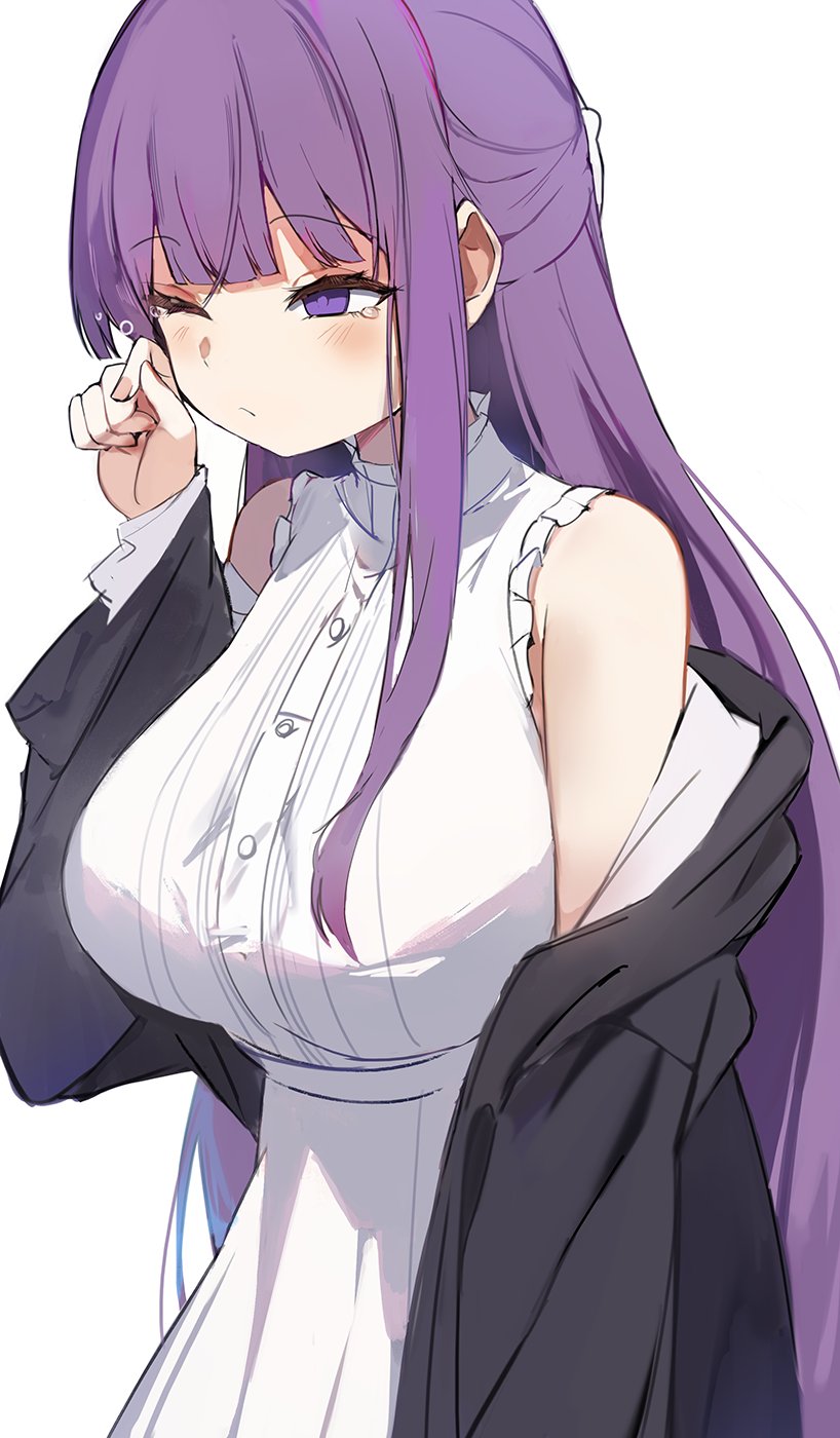 1girl bare_shoulders black_robe blunt_bangs breasts dress fern_(sousou_no_frieren) highres large_breasts long_hair long_sleeves one_eye_closed open_clothes open_robe orobou purple_eyes purple_hair robe rubbing_eyes sidelocks sleeveless sleeveless_dress solo sousou_no_frieren tearing_up white_dress wide_sleeves