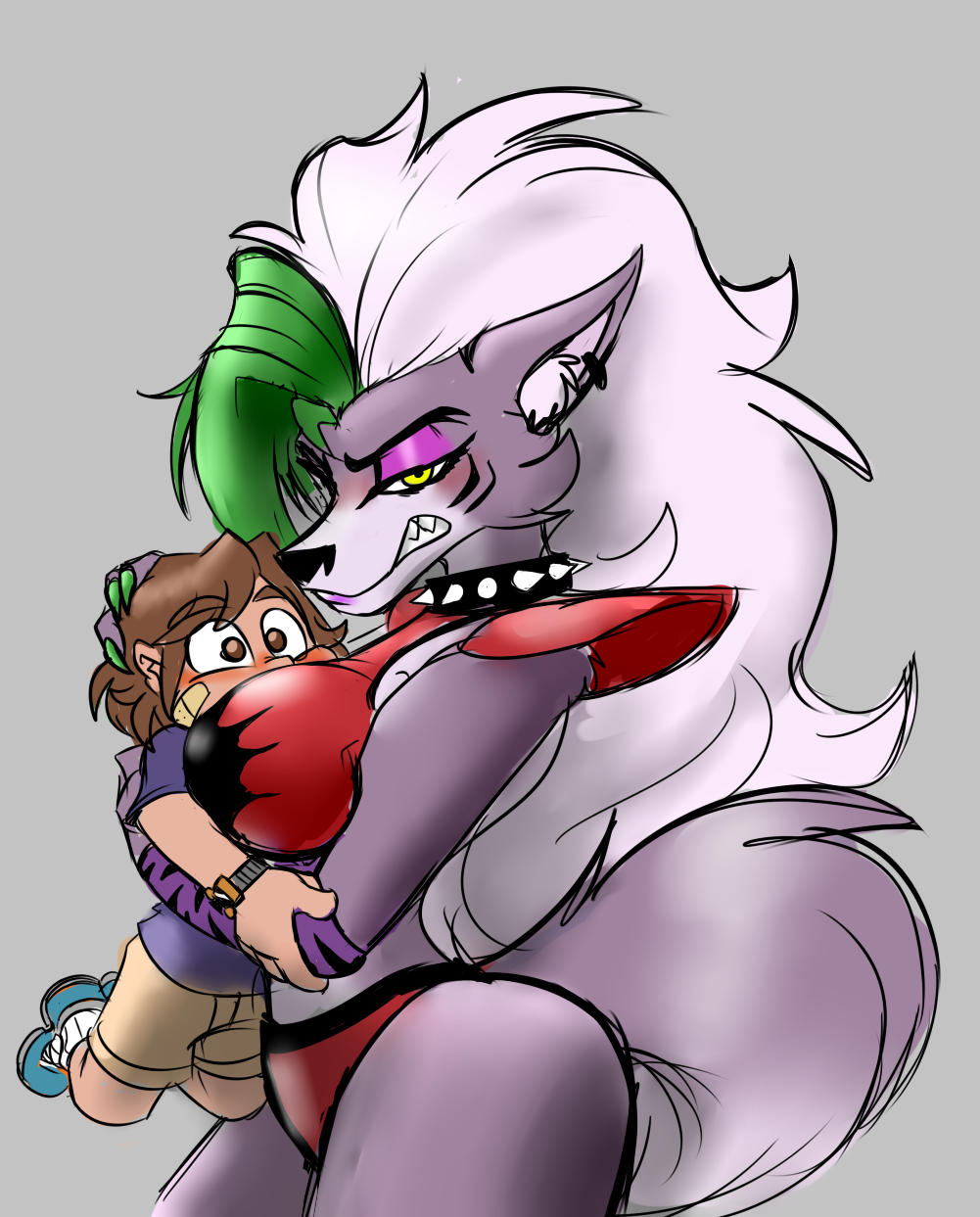 anthro big_breasts blush breasts canid canine canis duo embrace female female_on_human five_nights_at_freddy's five_nights_at_freddy's:_security_breach gregory_(fnaf) hi_res holding_partner hug human human_on_anthro interspecies looking_at_viewer male male/female male_on_anthro mammal patanu102 roxanne_wolf_(fnaf) scottgames simple_background smile smiling_at_viewer smirk smirking_at_viewer smothering steel_wool_studios wolf