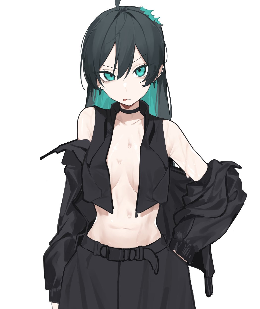 1girl black_choker black_hair black_jacket black_pants black_vest blue_eyes blue_hair breasts choker ear_piercing fataaa hand_in_pocket highres jacket jewelry long_hair looking_at_viewer medium_breasts multicolored_hair off_shoulder open_clothes open_jacket original pants piercing simple_background solo sweat tongue vest white_background