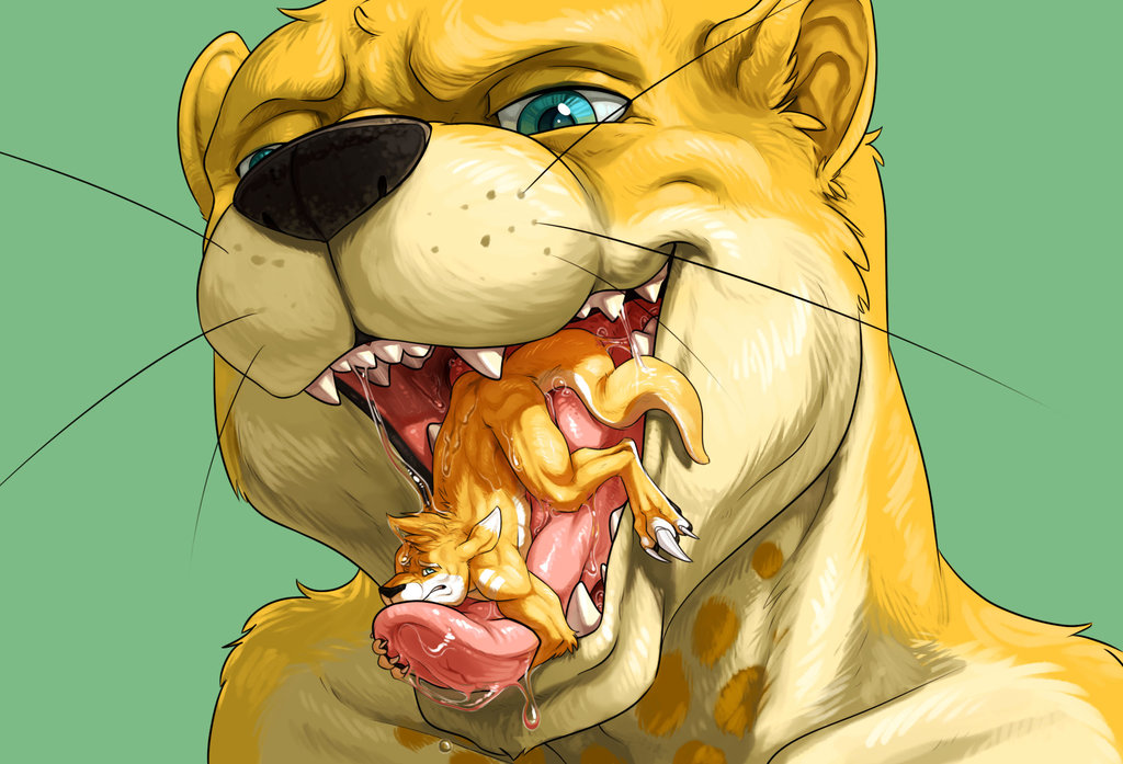 2018 anthro blue_eyes bodily_fluids bomba claws close-up duo face_closeup fur kangaroo long_tail macropod male mammal marsupial micro micro_abuse micro_on_tongue mouth_play mustelid otter saliva simple_background solaxe tail teeth toe_claws tongue voraciousollie whiskers yellow_body yellow_fur
