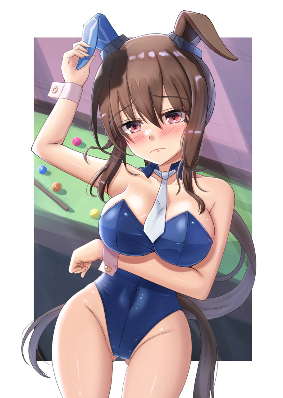 1girl admire_vega_(umamusume) alternate_costume animal_ears arm_up ball billiard_ball billiards blue_leotard blush breasts brown_hair cleavage closed_mouth commentary_request covered_navel cue_stick frown groin hair_between_eyes highres horse_girl large_breasts leotard long_hair looking_at_viewer necktie nontraditional_playboy_bunny pantyhose pillar playboy_bunny ponytail pool_table purple_eyes red_eyes rio_(lio_yuzu) solo table umamusume white_necktie wrist_cuffs