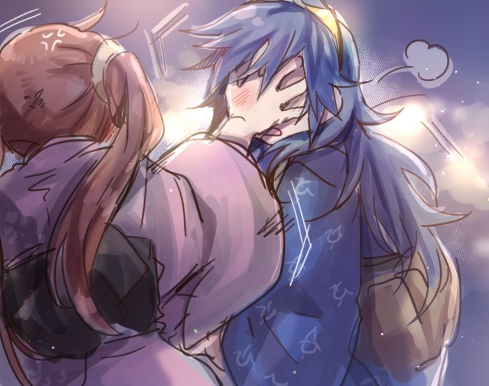 2girls angry blue_hair blush fire_emblem fire_emblem_awakening hand_on_another's_face japanese_clothes kimono long_hair long_sleeves lucina_(fire_emblem) multiple_girls official_alternate_costume open_mouth red_hair severa_(fire_emblem) shippo3101 tiara twintails wide_sleeves yukata