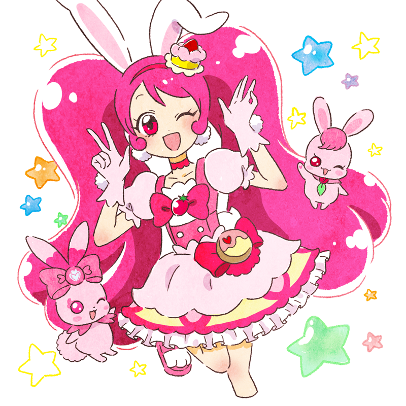 1girl ;d animal_ears blush bow cake cake_hair_ornament choker commentary_request cure_whip dress earrings extra_ears flower food food-themed_hair_ornament food-themed_ornament fruit_brooch gloves hair_ornament healin'_good_precure healing_animal hoppetoonaka3 jewelry kirakira_precure_a_la_mode long_hair magical_girl one_eye_closed open_mouth pink_choker pink_corset pink_eyes pink_footwear pink_hair pom_pom_(clothes) pom_pom_earrings precure rabbit rabbit_ears rabirin_(precure) sharuru_(dokidoki!_precure) simple_background smile star_(symbol) strawberry_brooch strawberry_shortcake twintails usami_ichika v