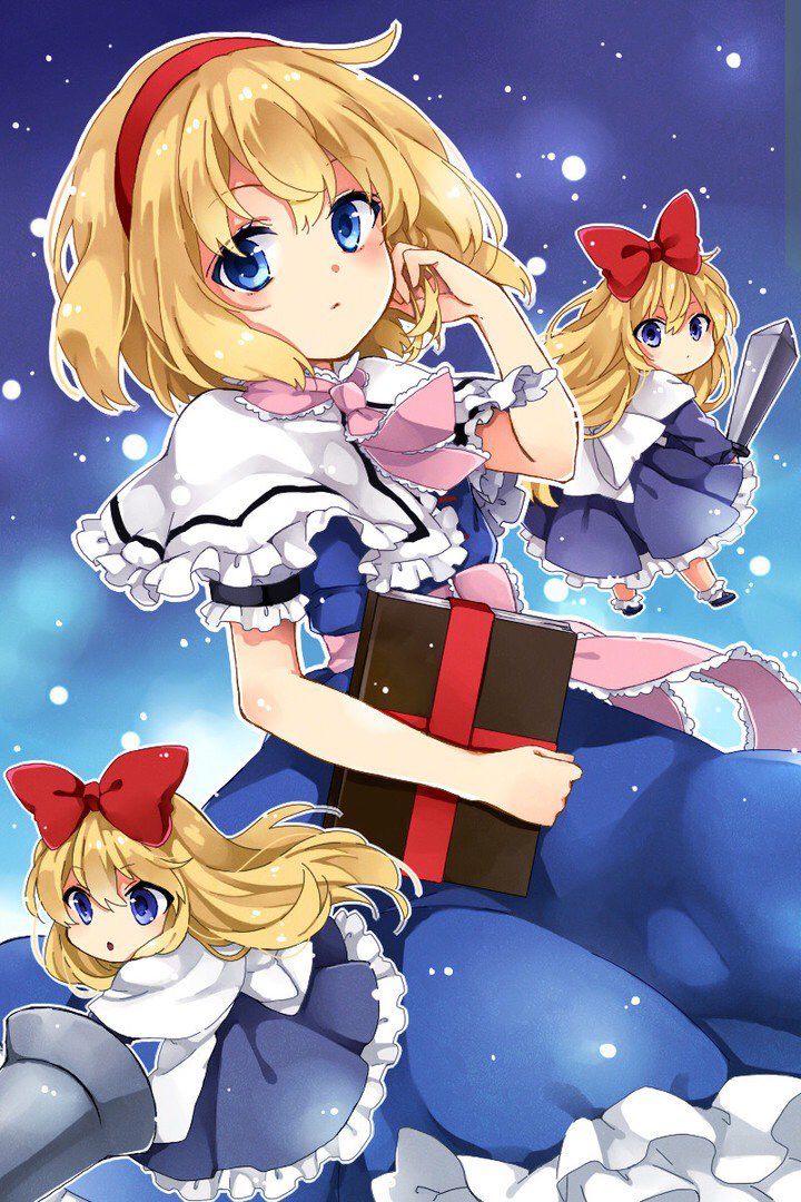 3girls alice_margatroid blonde_hair blue_background blue_dress blue_eyes blush book dress hairband holding holding_book holding_polearm holding_sword holding_weapon long_hair looking_at_viewer multiple_girls polearm red_hairband red_ribbon ribbon shanghai_doll short_hair spear sugu016406 sword touhou weapon
