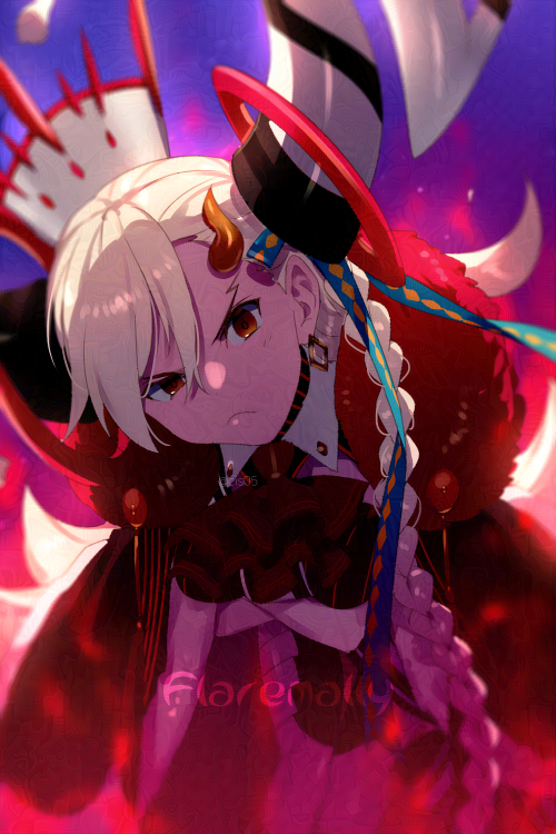 1girl ascot asymmetrical_bangs aura black_bodysuit black_cape bodysuit boots braid breasts cape crossed_arms earrings echo_(circa) fate/grand_order fate_(series) fur-trimmed_cape fur_trim gradient_hair hair_ribbon horns huge_horns jewelry leaning_forward long_hair long_horns long_sleeves looking_at_viewer medium_breasts multicolored_hair olga_marie_animusphere orange_eyes orange_hair ribbon side_braid solo striped thigh_boots thighs u-olga_marie vertical_stripes very_long_hair white_footwear white_hair wing_collar