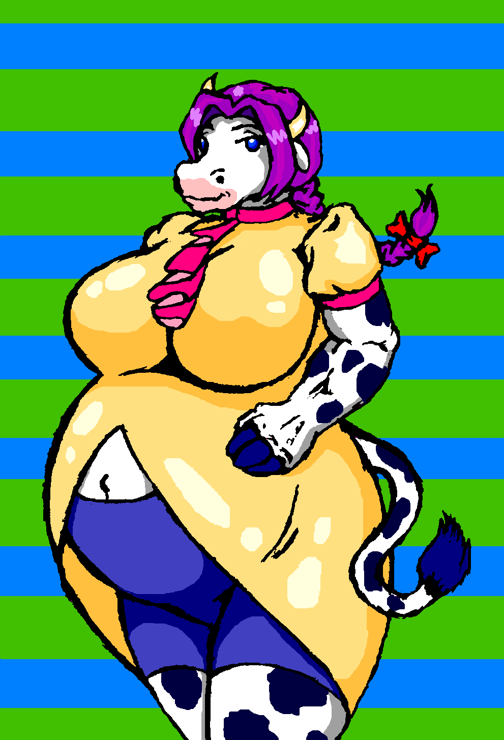 anthro belly big_belly big_breasts blue_eyes bottomwear bovid bovine breasts cattle clothing danellz digital_media_(artwork) dress female fur hair hi_res huge_breasts mammal navel outie_navel ponytail pregnant purple_hair shorts solo spots spotted_body spotted_fur topwear