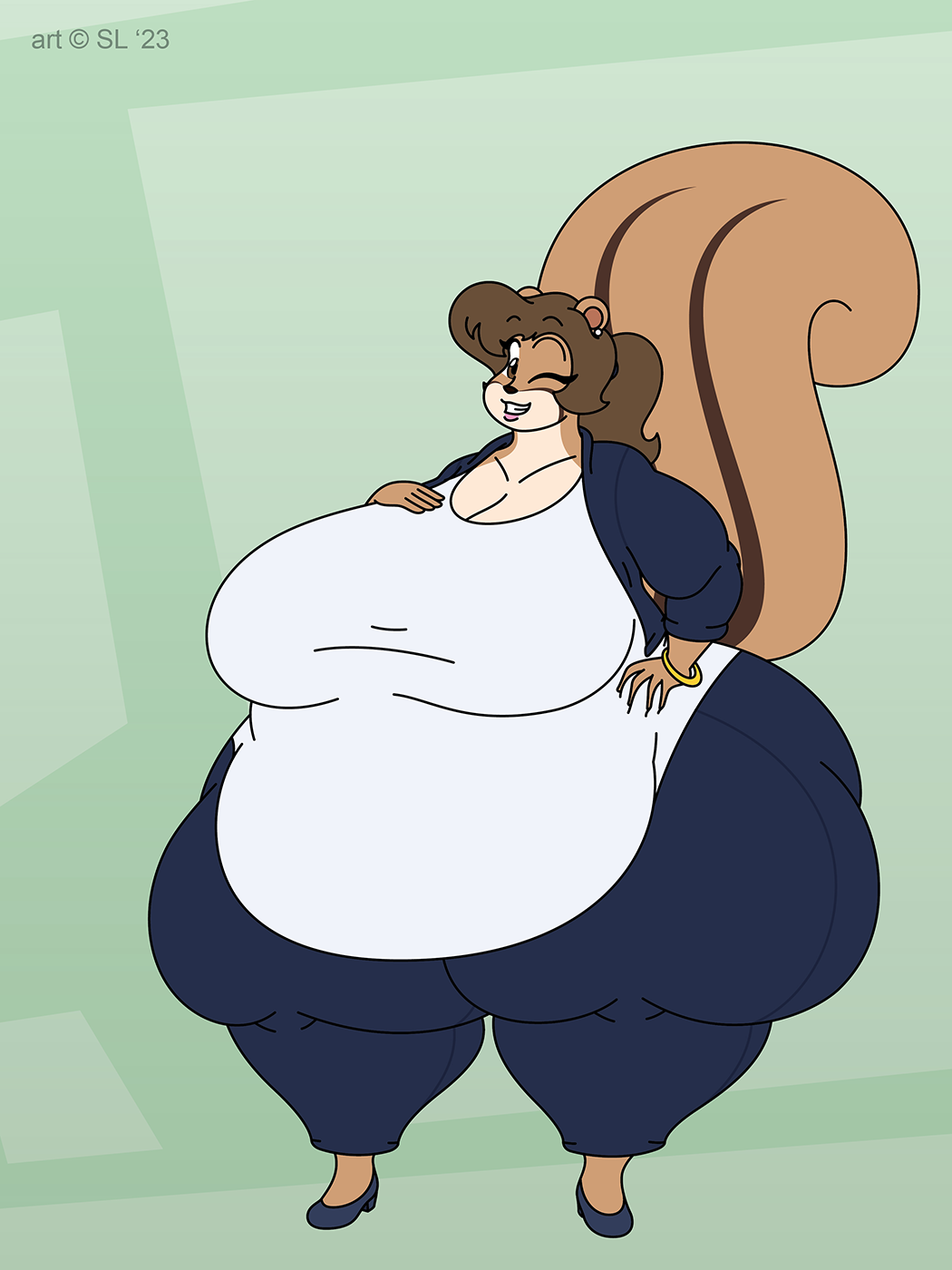 2023 3:4 anthro belly big_belly big_breasts bottomwear bracelet breasts brown_body brown_eyes brown_fur brown_hair chipmunk clothing digital_media_(artwork) ear_piercing ear_ring female footwear fur ground_squirrel hair hi_res huge_breasts huge_thighs jewelry mammal obese obese_anthro obese_female one_eye_closed overweight overweight_anthro overweight_female pants piercing ring_piercing rodent satsumalord sciurid shirt shoes smile smiling_at_viewer solo terry_(satsumalord) thick_thighs topwear wink