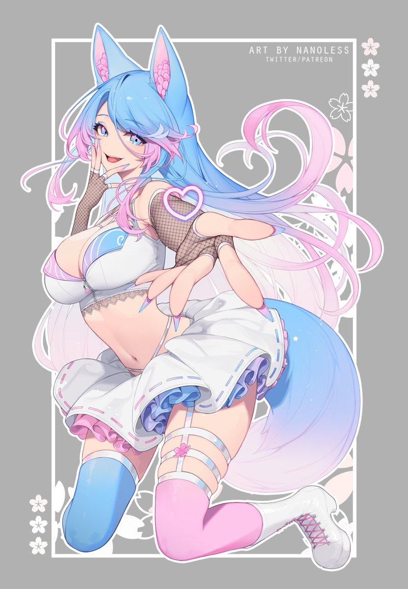 1girl alternate_color animal_ears asymmetrical_legwear bare_shoulders blue_eyes blue_hair blue_nails blue_thighhighs boots breasts choker cleavage crop_top elbow_gloves fingerless_gloves fishnets gloves gradient_hair hand_up highleg indie_virtual_youtuber lace_trim large_breasts long_hair looking_at_viewer midriff miniskirt mismatched_legwear multicolored_hair nail_polish nanoless navel open_mouth outstretched_arm pink_hair pink_thighhighs shirt silvervale silvervale_(4th_costume) skindentation skirt sleeveless sleeveless_shirt smile solo stomach tail thigh_strap thighhighs very_long_hair virtual_youtuber white_choker white_footwear white_shirt white_skirt wolf_ears wolf_girl wolf_tail zettai_ryouiki
