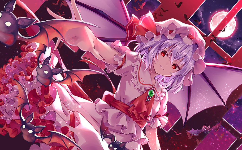 1girl ascot back_bow bat_(animal) bat_wings blouse bow clothes_lift cloud collared_shirt eyelashes fingernails frilled_hat frilled_shirt_collar frilled_skirt frilled_sleeves frills full_moon game_cg gem green_gemstone hat hat_ribbon indoors kure~pu light_purple_hair looking_at_viewer mob_cap moon night night_sky official_art outstretched_arm parted_lips puffy_short_sleeves puffy_sleeves reaching reaching_towards_viewer red_ascot red_bow red_eyes red_ribbon red_sash remilia_scarlet ribbon ribbon-trimmed_skirt ribbon_trim sash sharp_fingernails shirt short_hair short_sleeves skirt skirt_lift skirt_set sky smirk striped striped_ribbon third-party_source touhou touhou_cannonball white_headwear white_shirt white_skirt window wings