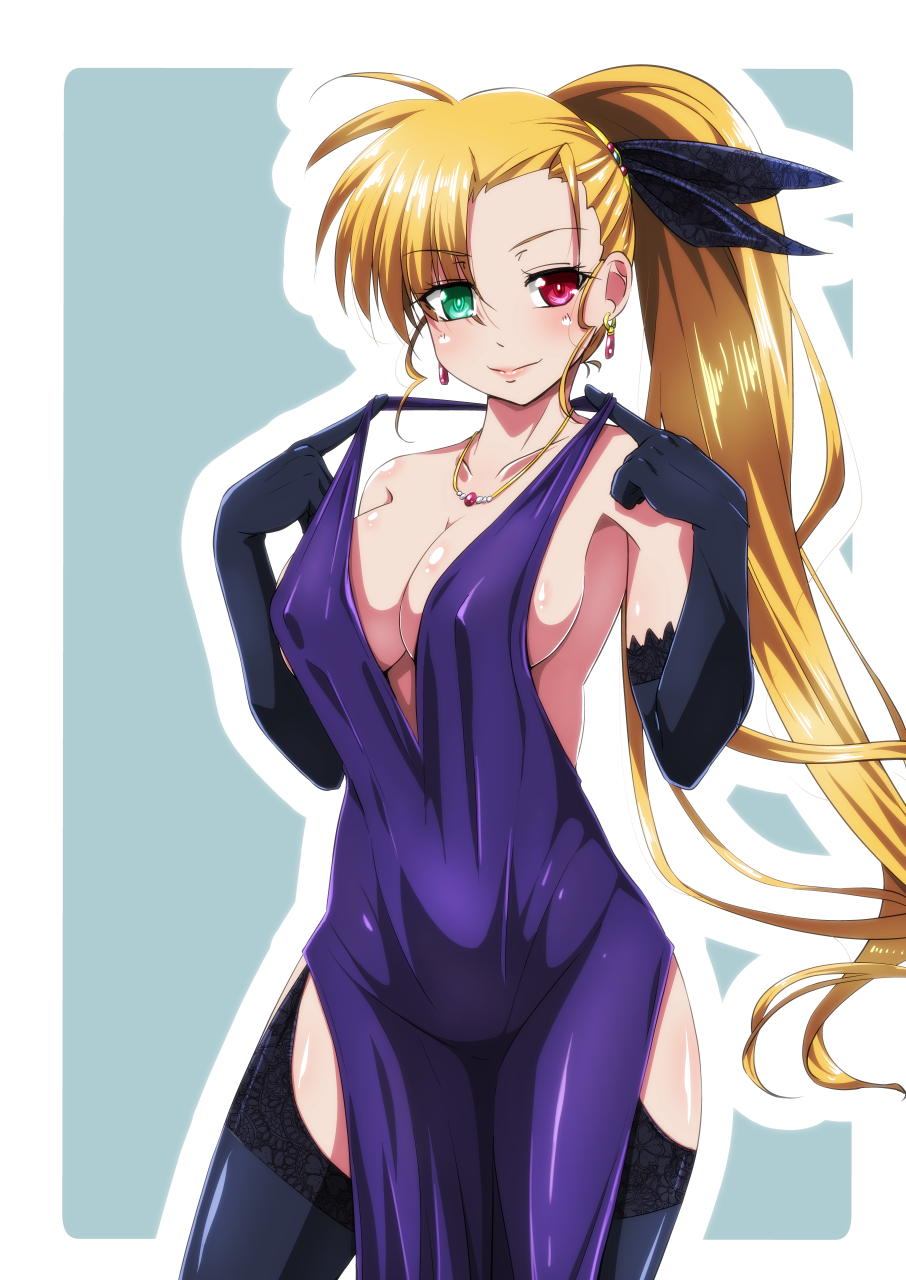 1girl blonde_hair blue_dress blue_thighhighs blush breasts cleavage closed_mouth collarbone dress elbow_gloves garter_straps gloves hair_ribbon heterochromia highres jewelry large_breasts long_hair looking_at_viewer lyrical_nanoha mahou_shoujo_lyrical_nanoha_strikers mahou_shoujo_lyrical_nanoha_vivid necklace no_bra ribbon simple_background solo tappa_(esperanza) thighhighs vivio