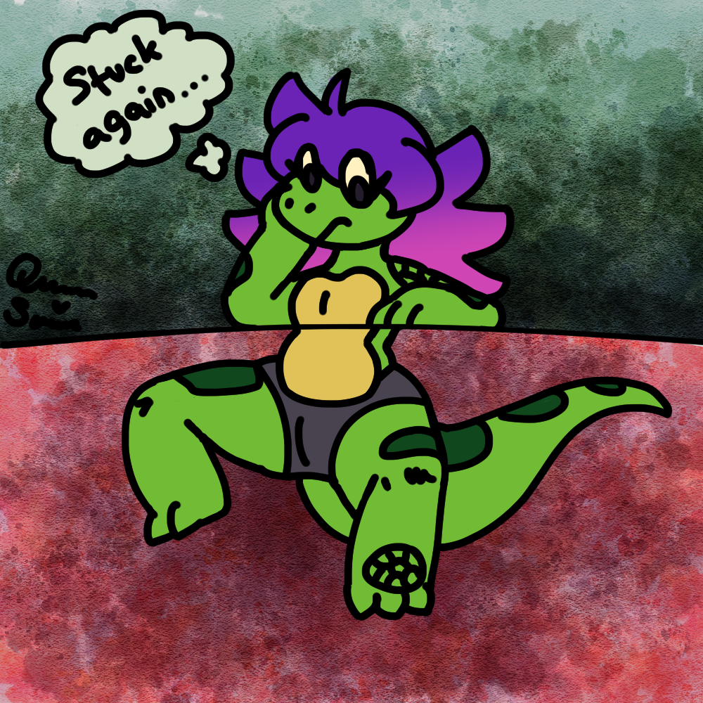 anthro female gradient_hair green_body green_scales green_spots hair lizard messy_hair pants_only pink_hair purple_hair queen_susie reptile scales scalie scar signature solo spots stuck stuck_in_ground tail thick_tail thought_bubble trixie_(queen_susie) underbelly yellow_underbelly