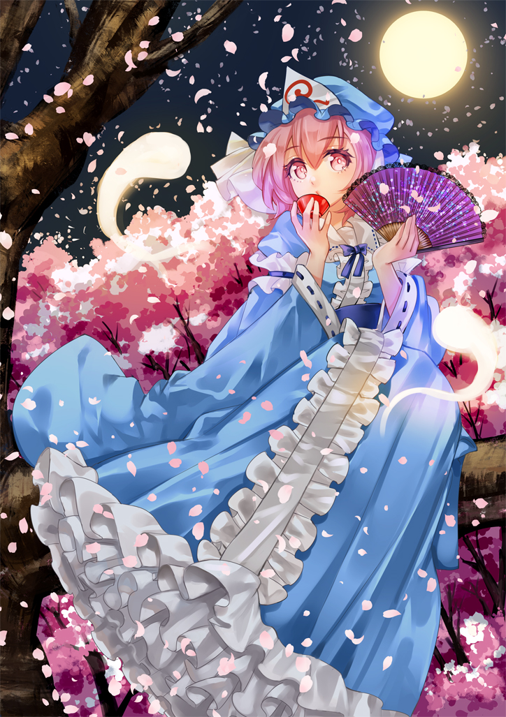 1girl blue_headwear cherry_blossoms commentary_request cup frilled_kimono frills full_moon ghost hand_fan hat holding holding_cup holding_fan japanese_clothes kimono looking_at_viewer mob_cap moon nagare night outdoors pink_eyes pink_hair saigyouji_yuyuko sakazuki solo touhou triangular_headpiece