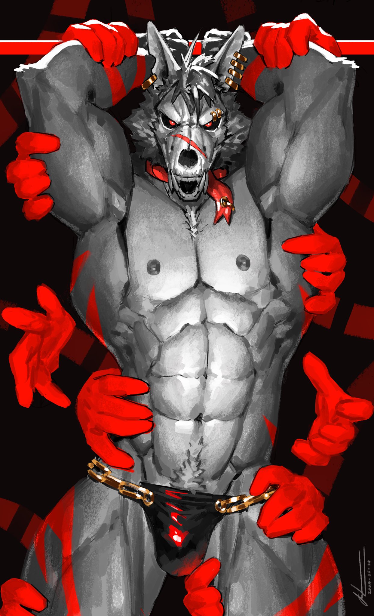 2023 abs alexxxnttt anthro arms_above_head arms_tied barazoku biceps big_bulge big_muscles black_background body_hair bone bound bulge canid canid_demon canine clothed clothing curvy_figure dated demon disembodied_hand ear_piercing ear_ring eyebrow_piercing eyebrow_ring facial_piercing front_view fur hair hand_on_arm hand_on_leg hand_on_side hand_on_thigh happy_trail hellhound hi_res huge_muscles looking_at_viewer male mammal manly markings muscle_worship muscular muscular_anthro muscular_male narrowed_eyes navel nipples notched_ear obliques open_mouth open_smile pecs piercing pubes quads ribbons ring_piercing rubbing scar scarf serratus sharp_teeth signature simple_background skull skull_head smile solo standing teeth thong thong_only topless topless_anthro topless_male triceps tuft underwear underwear_only