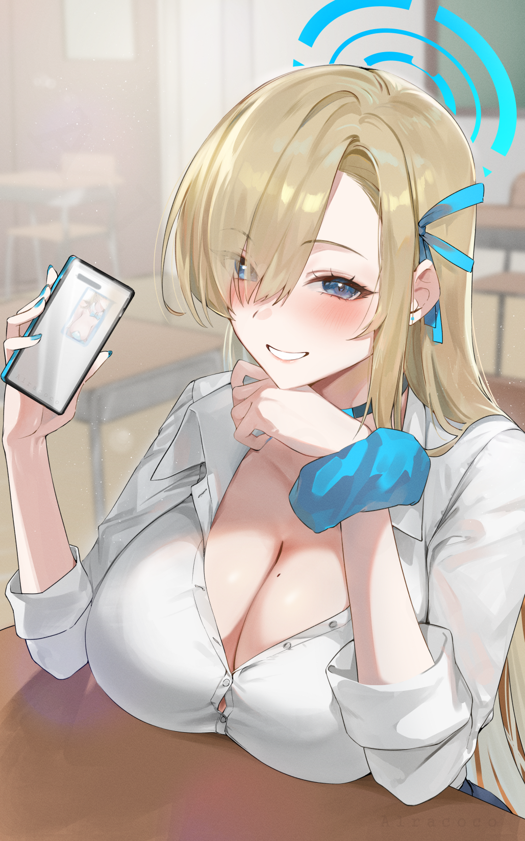 alracoco asuna_(blue_archive) blonde_hair blue_archive blue_eyes blush breasts chair chalkboard choker classroom cleavage collarbone desk grin hair_between_eyes hair_over_one_eye halo highres holding holding_phone indoors large_breasts long_hair long_sleeves looking_at_viewer mole mole_on_breast open_clothes partially_unbuttoned phone school_desk school_uniform scrunchie shirt sitting smile solo table upper_body white_shirt wrist_scrunchie
