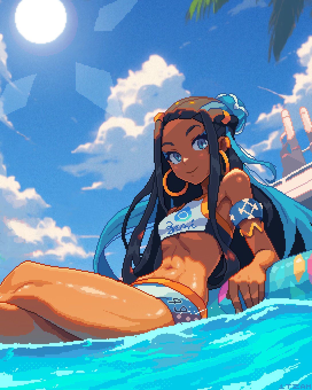 1girl alternate_costume black_hair blue_eyes blue_hair crossed_legs dark-skinned_female dark_skin english_commentary highres itzah long_hair looking_at_viewer multicolored_hair nessa_(pokemon) partially_submerged pixel_art pokemon pokemon_(game) pokemon_swsh sitting smile solo sun swimsuit two-tone_hair