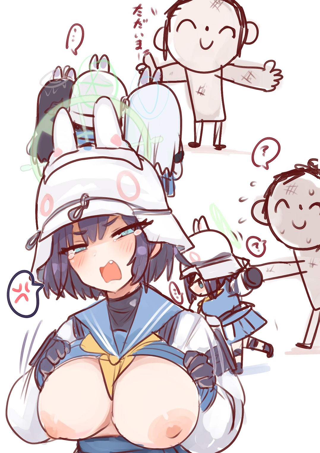 anger_vein animal_ears arona's_sensei_doodle_(blue_archive) black_gloves blue_archive blue_dress blue_halo breasts breasts_out clothes_lift damaged dress fake_animal_ears flying_sweatdrops gloves green_halo grey_halo halo helmet highres holding_hands knee_guards miyako_(blue_archive) miyu_(blue_archive) rabbit_platoon_(blue_archive) saki_(blue_archive) sensei_(blue_archive) shiming_liangjing simple_background sketch speech_bubble uniform