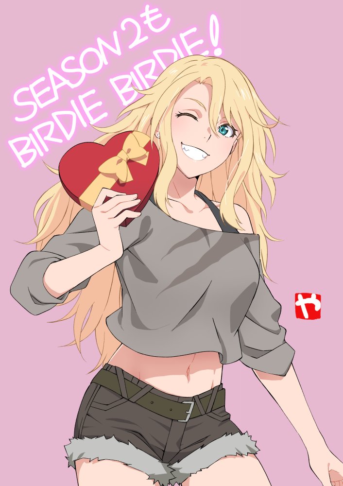 1girl aqua_eyes belt birdie_wing:_golf_girls'_story blonde_hair box commentary_request cowboy_shot cutoffs eve_(birdie_wing) gift grin heart-shaped_box holding holding_gift long_hair messy_hair midriff navel one_eye_closed pink_background shorts single_bare_shoulder sleeves_pushed_up smile solo valentine yamazaki_(now_printing)