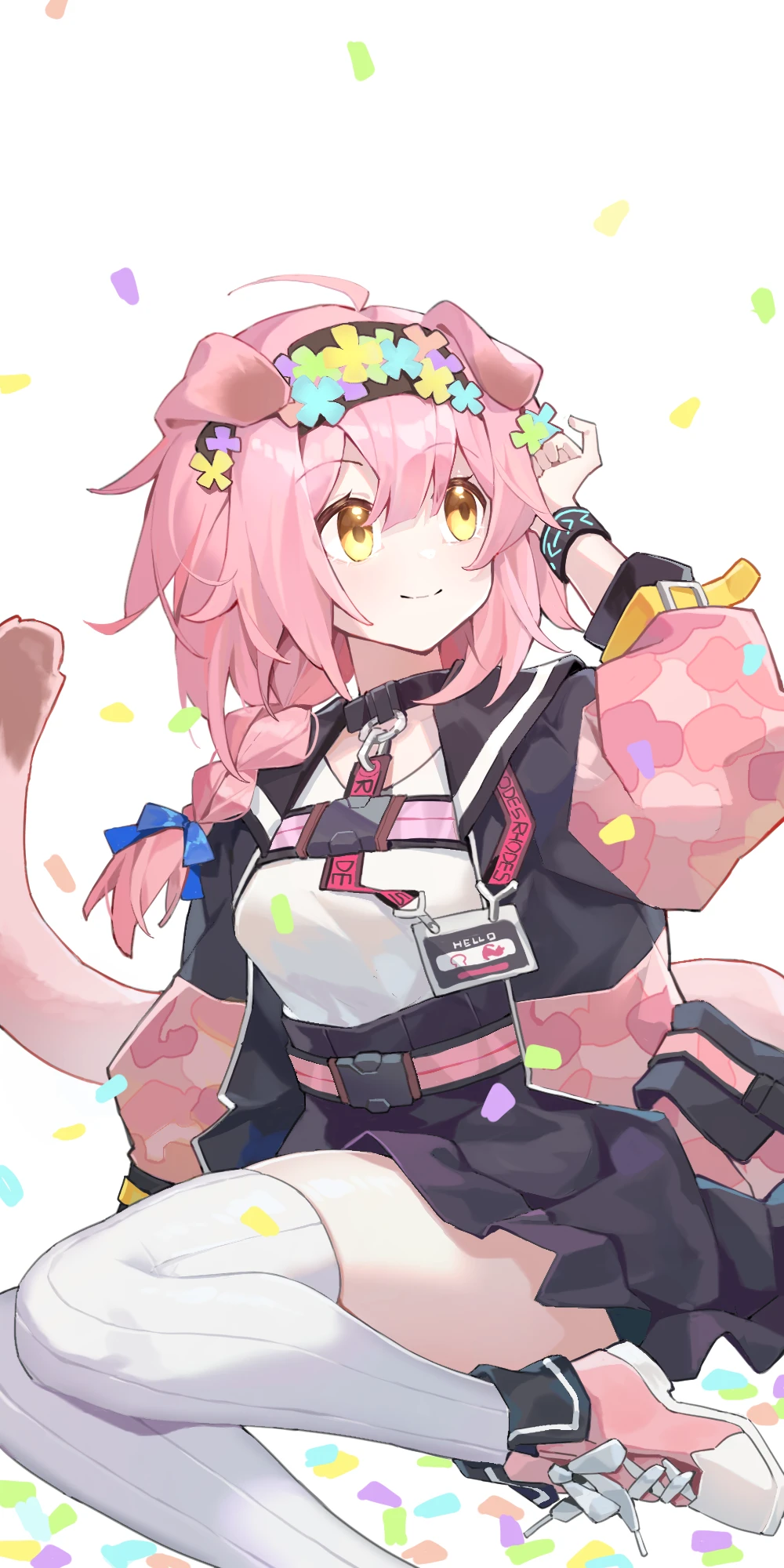 1girl ahoge animal_ears arknights arm_up black_choker black_hairband black_jacket black_skirt braid braided_ponytail cat_ears cat_girl cat_tail choker closed_mouth coat commentary_request confetti cross-laced_footwear floppy_ears flower goldenglow_(arknights) hair_flower hair_ornament hairband highres infection_monitor_(arknights) jacket lingyu_ovo long_hair long_sleeves looking_to_the_side multicolored_coat multicolored_footwear on_ground open_clothes open_jacket pink_footwear pink_jacket pleated_skirt shirt shoes sitting skirt smile sneakers solo tail thighhighs two-tone_coat white_background white_footwear white_shirt white_thighhighs yellow_eyes yokozuwari