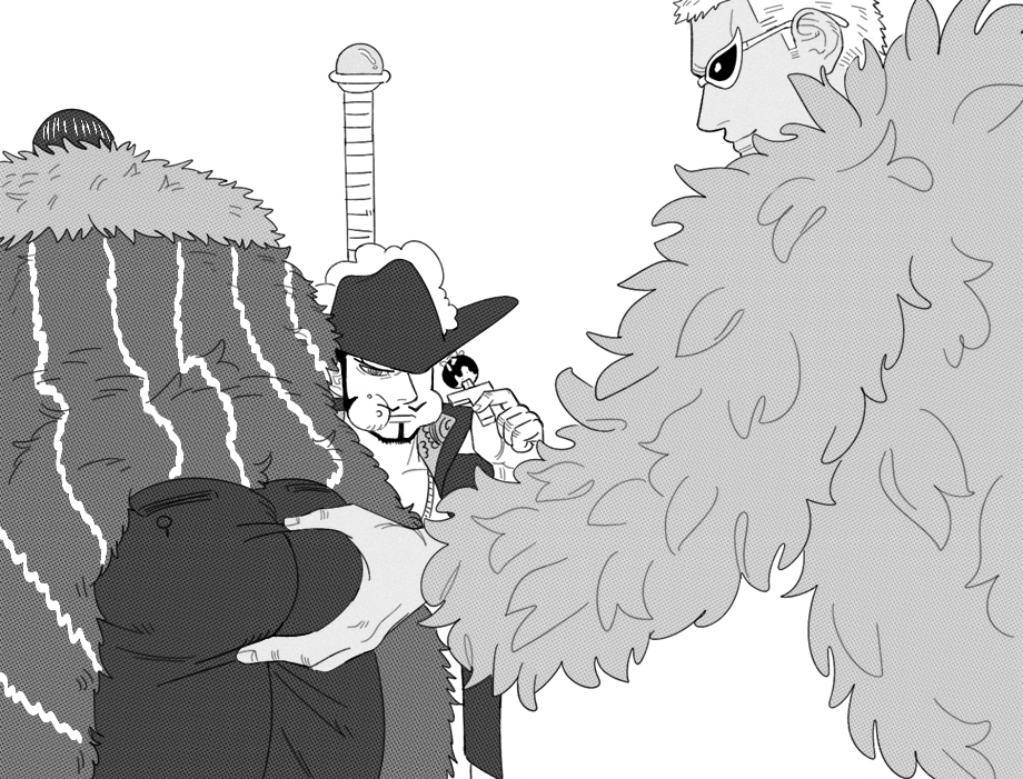 3boys adam22's_ass_grab_(meme) ass_grab bara cheek_bulge crocodile_(one_piece) dark-skinned_male dark_skin donquixote_doflamingo dracule_mihawk eating facial_hair feet_out_of_frame from_side frown fur_coat goatee grabbing_another's_ass greyscale groping hair_slicked_back large_hands looking_at_another male_focus mature_male medium_hair meme mg_cls monochrome multiple_boys muscular muscular_male one_piece parody sideburns smile sunglasses sword sword_behind_back tinted_eyewear weapon white-framed_eyewear yaoi