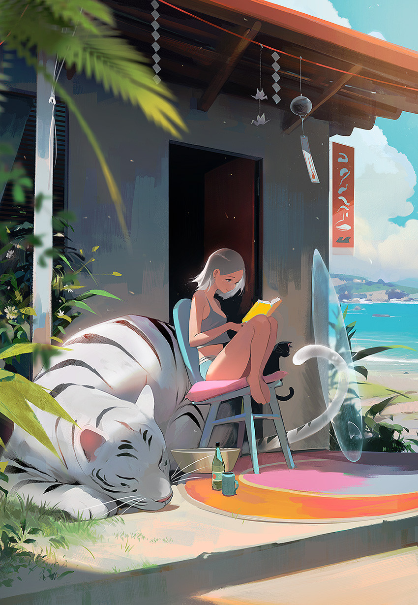 1girl animal beach black_cat blurry blurry_foreground book cat chair cloud cloudy_sky commentary cup day english_commentary full_body grey_hair grey_shirt highres holding holding_book mug ocean on_chair original outdoors parted_bangs ross_tran sand shirt short_hair shorts sitting sky smile solo surfboard tiger transparent wind_chime