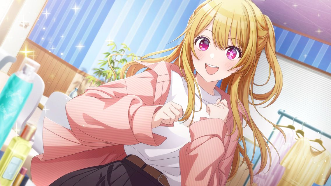 1girl belt_buckle black_skirt blonde_hair blush buckle clenched_hands clothes_hanger crossover dressing_room hoshino_ruby idolmaster idolmaster_shiny_colors indoors long_hair mismatched_pupils official_art one_side_up oshi_no_ko pink_eyes pink_skirt shirt skirt smile solo sparkle star-shaped_pupils star_(symbol) striped_wall symbol-shaped_pupils teeth upper_teeth_only very_long_hair white_shirt