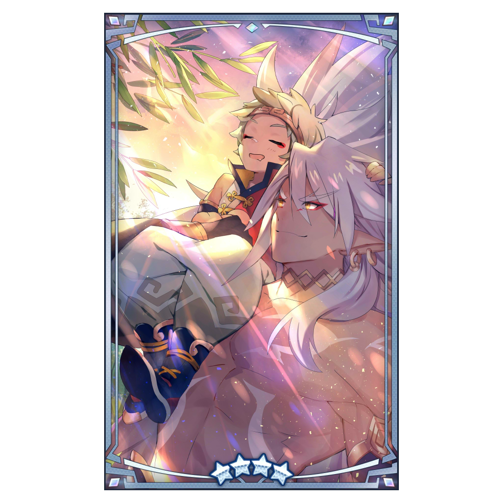 2boys abs artist_request black_footwear carrying carrying_person detached_sleeves dragalia_lost drooling dusk ear_piercing earrings green_hair hand_on_another's_head jewelry light_rays looking_at_another male_focus mei_hou_wang mouth_drool multiple_boys official_art on_shoulder open_mouth pectorals piercing red_eyeliner sleeping smile star_(symbol) topless_male tree white_hair wu_kong_(dragalia_lost)