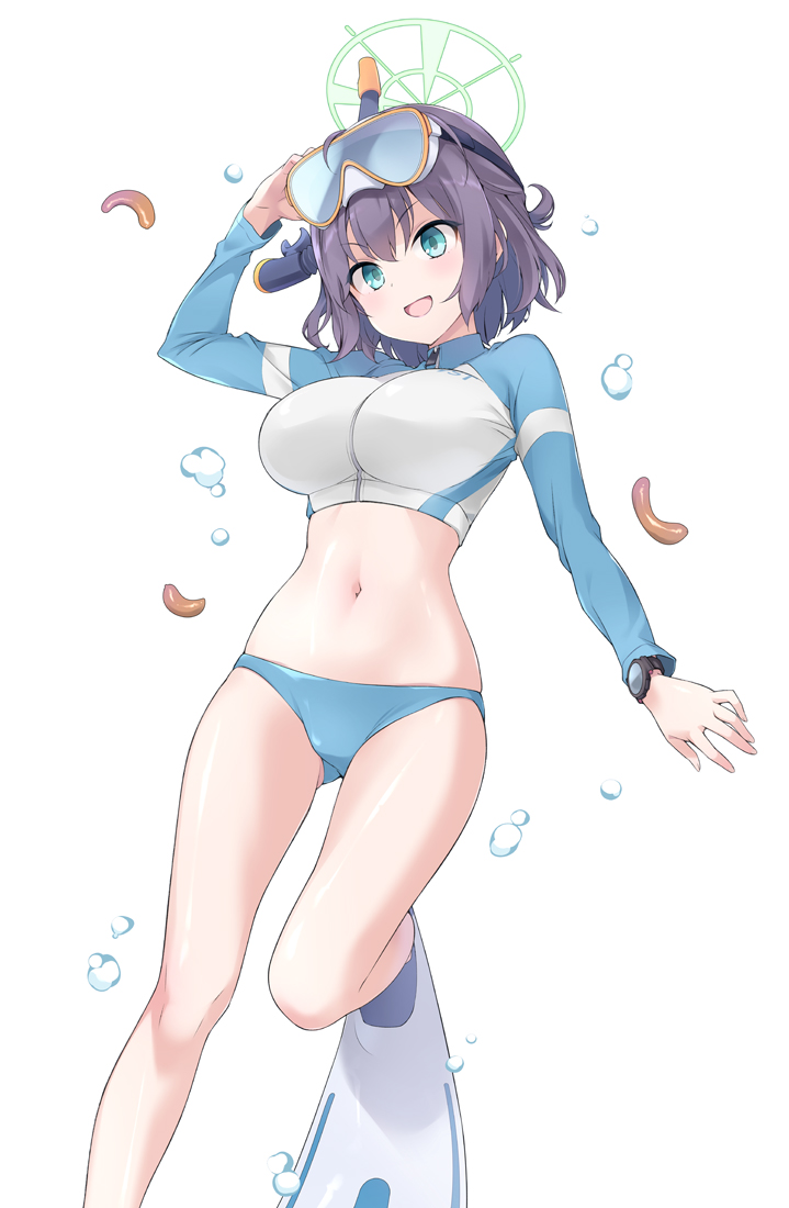1girl aqua_eyes bikini blue_archive blue_bikini blush breasts cropped_jacket diving_mask diving_mask_on_head flippers goggles goggles_on_head halo jacket large_breasts long_sleeves open_mouth purple_hair rash_guard sakana_(flame_sakana) saki_(blue_archive) saki_(swimsuit)_(blue_archive) short_hair simple_background snorkel solo stomach swimsuit watch water white_background wristwatch