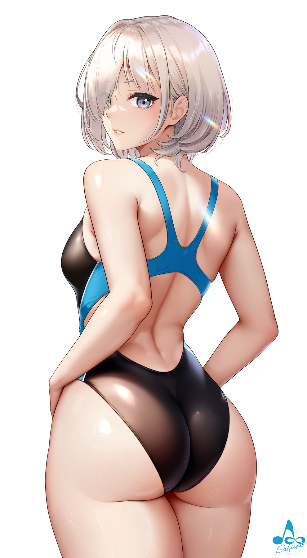 1girl ass bare_arms bare_shoulders breasts eyes_visible_through_hair from_behind grey_eyes hair_over_one_eye highres infinote large_breasts looking_at_viewer looking_back medium_breasts one-piece_swimsuit original parted_lips sashou_mihiro short_hair simple_background smile swimsuit thighs two-tone_swimsuit white_background white_hair