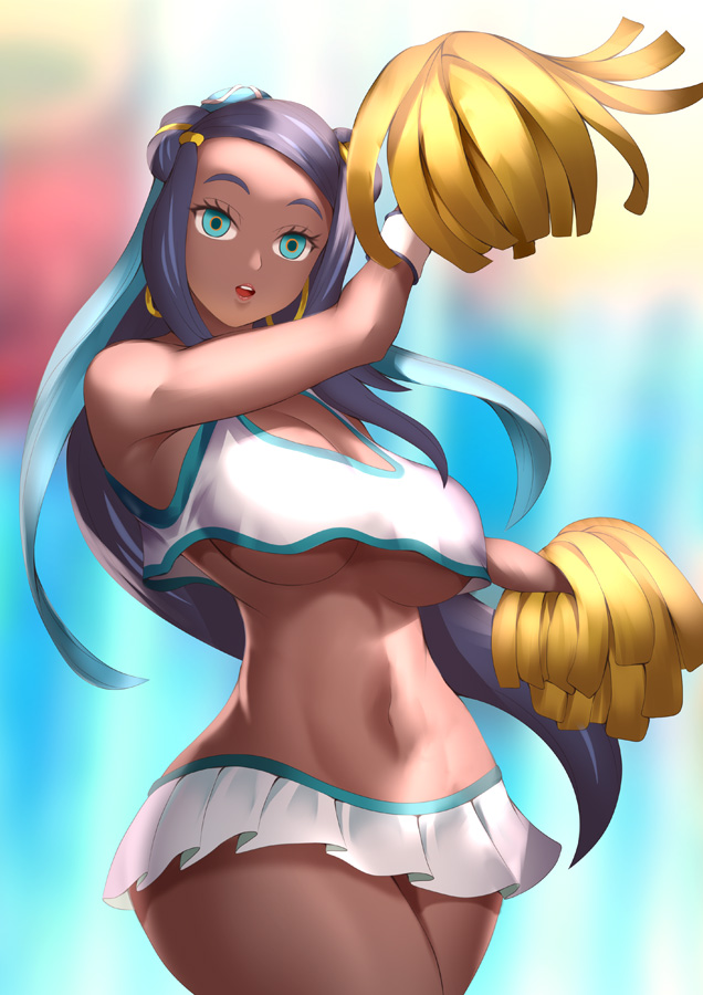 1girl alternate_costume aqua_eyes black_hair blue_hair breasts cheerleader commentary_request crop_top crop_top_overhang dark-skinned_female dark_skin earrings gloves hair_bun haryudanto holding holding_pom_poms hoop_earrings hypnosis jewelry long_hair loose_clothes loose_shirt midriff mind_control multicolored_clothes multicolored_hair navel nessa_(pokemon) no_bra open_mouth pokemon pokemon_(game) pokemon_swsh pom_pom_(cheerleading) revealing_clothes shirt single_hair_bun teeth two-tone_hair underboob upper_teeth_only very_long_hair
