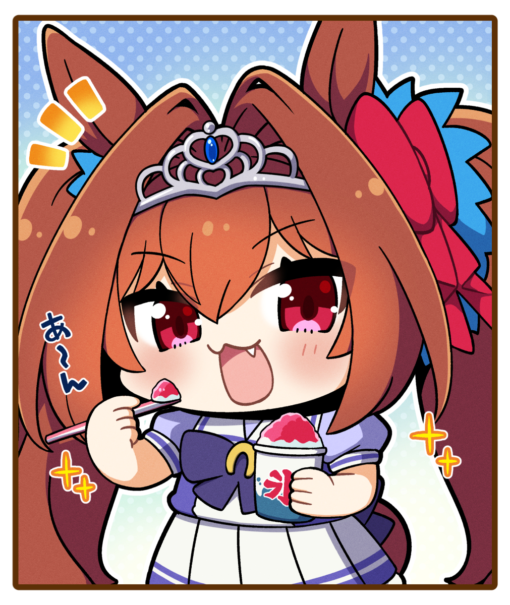 1girl animal_ears blue_gemstone border bow bowtie brown_border chibi commentary_request cowboy_shot cup daiwa_scarlet_(umamusume) disposable_cup eating fang food gem hair_between_eyes hair_bow hair_intakes highres holding holding_cup horse_ears horse_girl long_hair looking_at_viewer notice_lines open_mouth outline pleated_skirt plover polka_dot polka_dot_background purple_bow purple_bowtie purple_shirt red_bow sailor_collar sailor_shirt school_uniform shaved_ice shirt skirt solo sparkle summer_uniform tail tiara tracen_school_uniform twintails umamusume very_long_hair waist_bow white_sailor_collar white_skirt