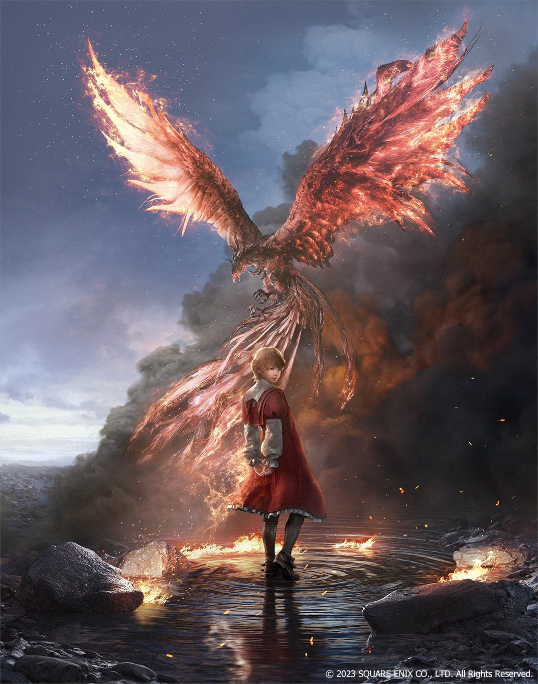 1boy arms_behind_back artist_request bird blonde_hair cloud final_fantasy final_fantasy_xvi fire from_behind highres joshua_rosfield official_art phoenix puddle puffy_sleeves red_robe robe rock short_hair sky water