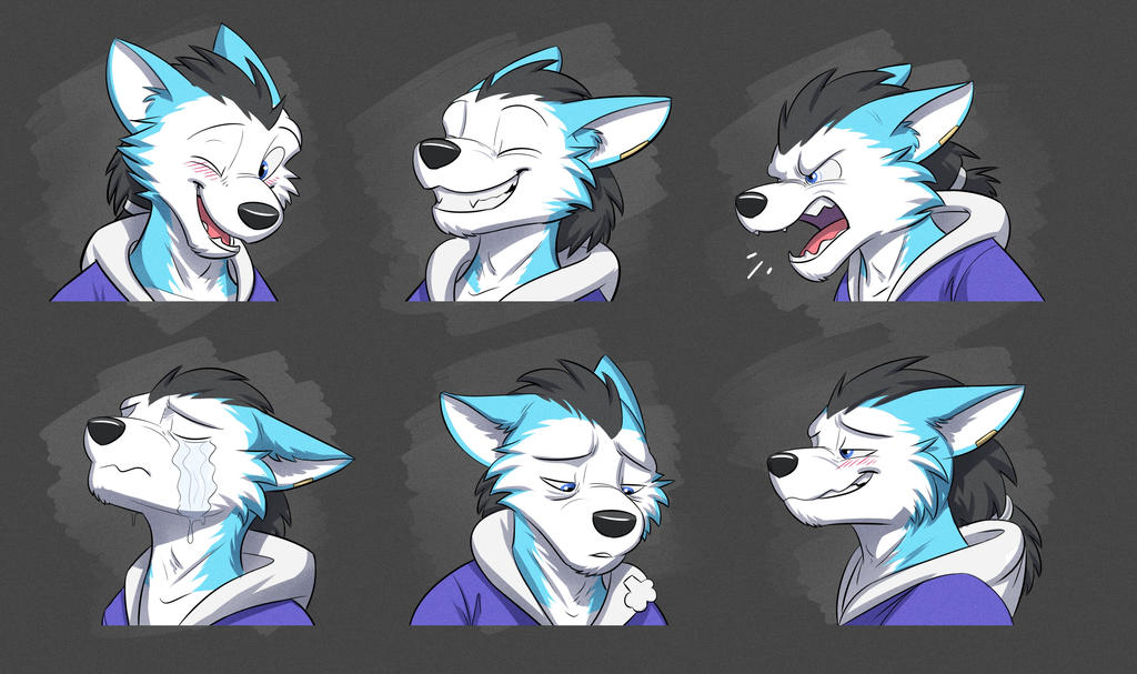 2018 anthro black_hair blue_body blue_clothing blue_eyes blue_fur blue_hoodie blue_topwear blush bodily_fluids bust_portrait canid canine canis clothing countershading crying ears_back expression_sheet eyes_closed fur hair hoodie looking_down male mammal multiple_images one_eye_closed open_mouth pink_tongue pivoted_ears ponytail portrait rou_kemonone smile solo tears teeth temiree tongue topwear utau wink wolf yelling