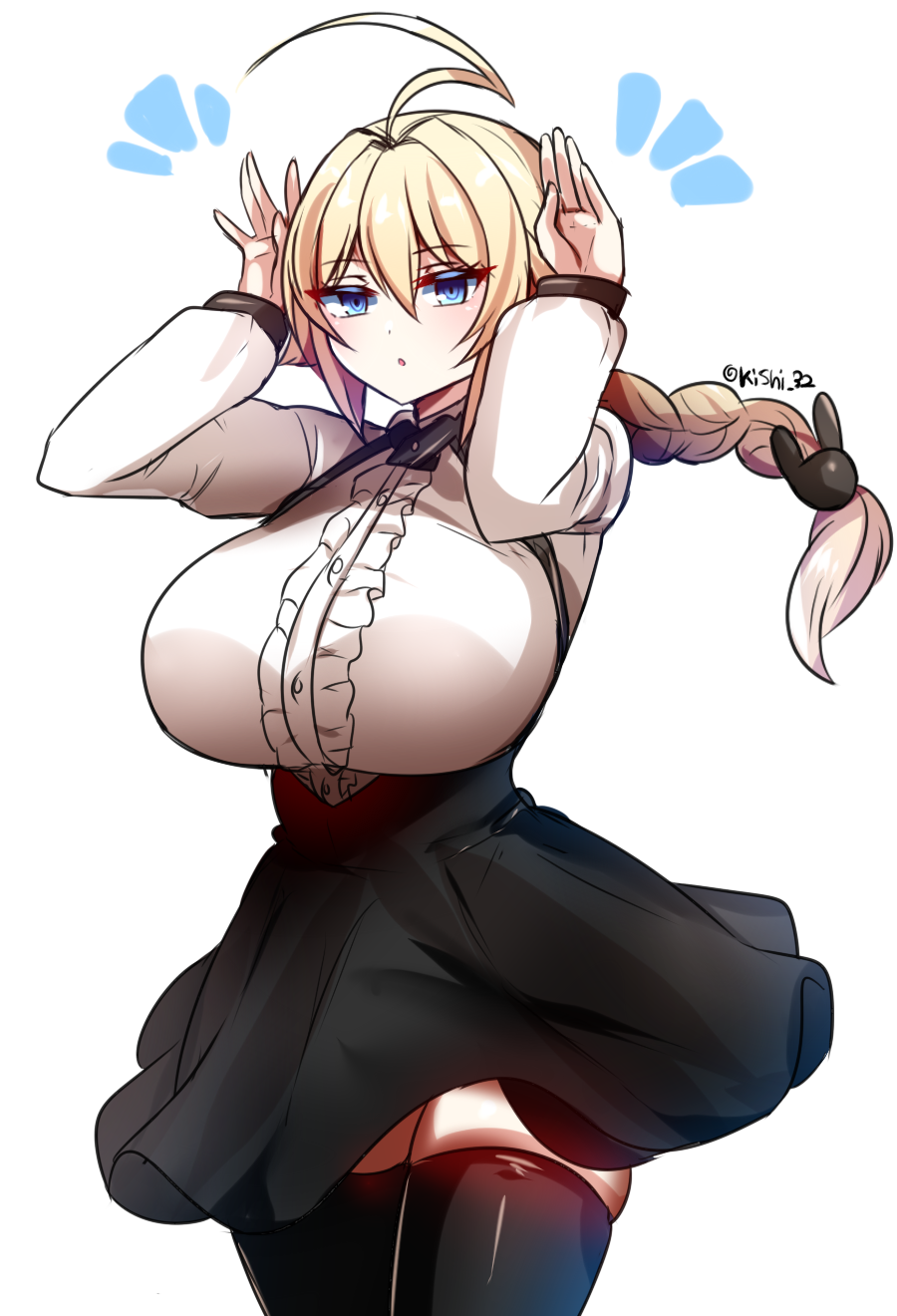 1girl :o ahoge artist_name black_skirt black_thighhighs blazblue blonde_hair blouse blue_eyes braid braided_ponytail breasts center_frills cowboy_shot double-parted_bangs english_commentary es_(xblaze) floating_hair frills hair_between_eyes hair_intakes hair_ornament highres huge_ahoge huge_breasts jitome kkis-i long_hair long_sleeves looking_at_viewer notice_lines parted_lips pleated_skirt rabbit_hair_ornament rabbit_pose shirt simple_background single_braid skindentation skirt solo thighhighs tsurime underbust white_background white_shirt xblaze xblaze_code:_embryo zettai_ryouiki