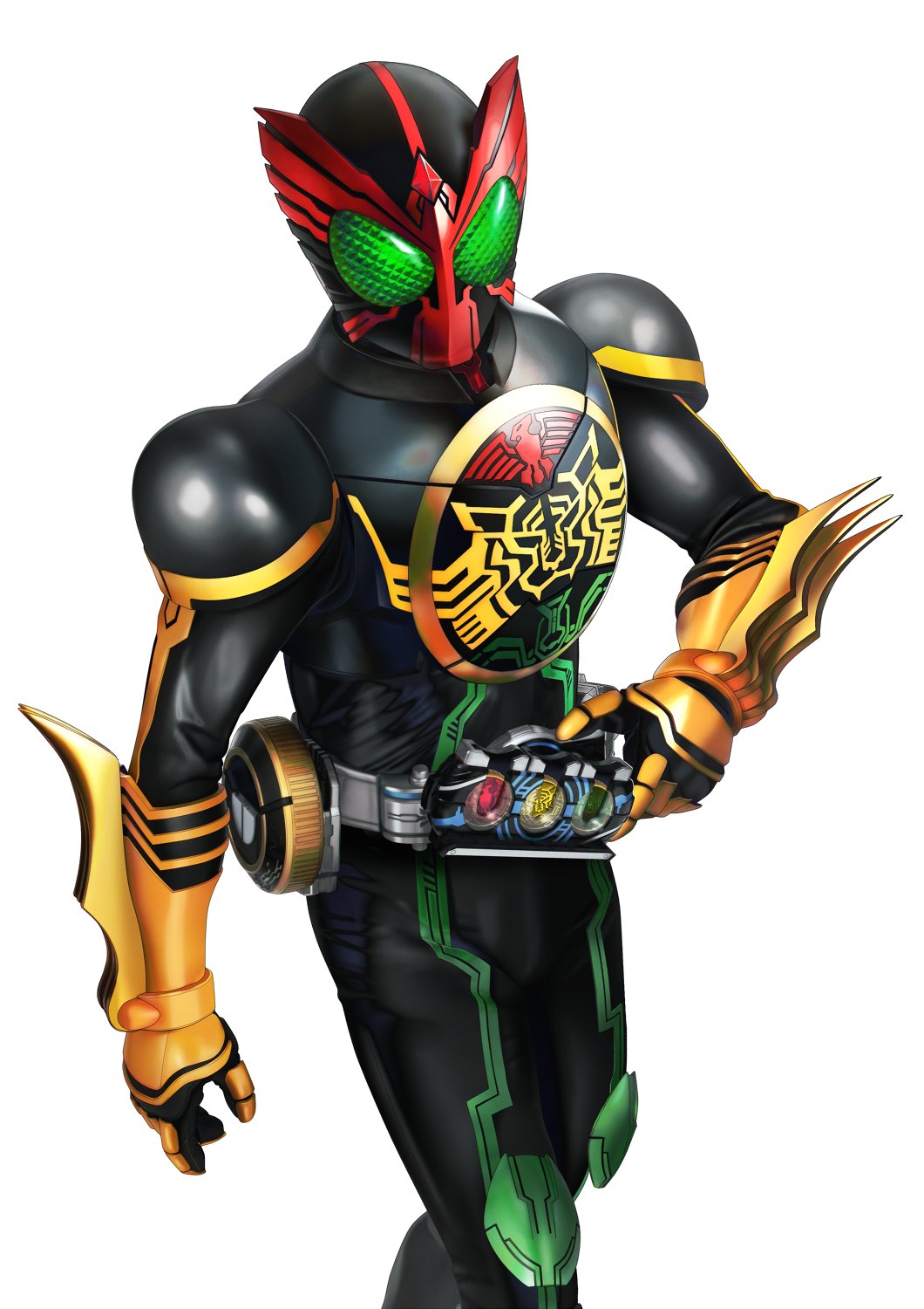 1boy bird bird_wings bug claws commentary compound_eyes core_medal driver_(kamen_rider) forehead_jewel fur_trim gloves gold_trim grasshopper green_eyes green_footwear hawk head_wings helmet hexagon highres kamen_rider kamen_rider_ooo kamen_rider_ooo_(series) looking_at_viewer male_focus mask masukudo_(hamamoto_hikaru) ooo_driver pointy_footwear red_headwear red_wings rider_belt simple_background tatoba_(ooo_combo) tiger tokusatsu white_background wings yellow_gloves