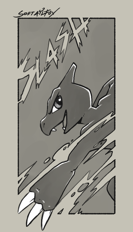 anthro big_eyes black_and_white charmeleon claws comic comic_panel eye_contact furry generation_1_pokemon grin grinning_at_viewer invalid_tag lizard looking_at_another looking_at_viewer looking_back monochrome nintendo pokemon pokemon_(species) reptile scalie side_view sketch smile softailfox solo sound_effects unfinished