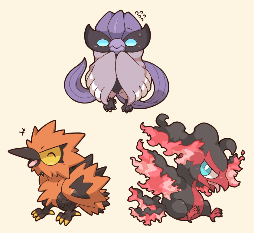 +++ 2027_(submarine2027) ^_^ blue_eyes blush bright_pupils chibi closed_eyes closed_mouth colored_sclera commentary_request flying_sweatdrops galarian_articuno galarian_moltres galarian_zapdos looking_at_viewer no_humans open_mouth pokemon pokemon_(creature) simple_background smile sweatdrop talons tongue v-shaped_eyebrows white_pupils yellow_background yellow_sclera