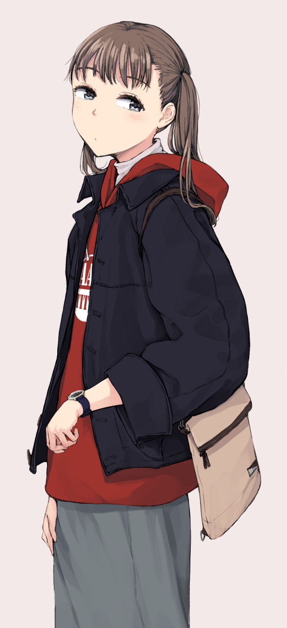 1girl blush brown_hair clothes_writing coat from_side hand_on_own_thigh highres hood hoodie looking_to_the_side open_clothes open_coat original red_hoodie ryuunosuke_(luckyneco) solo turtleneck twintails watch wristwatch