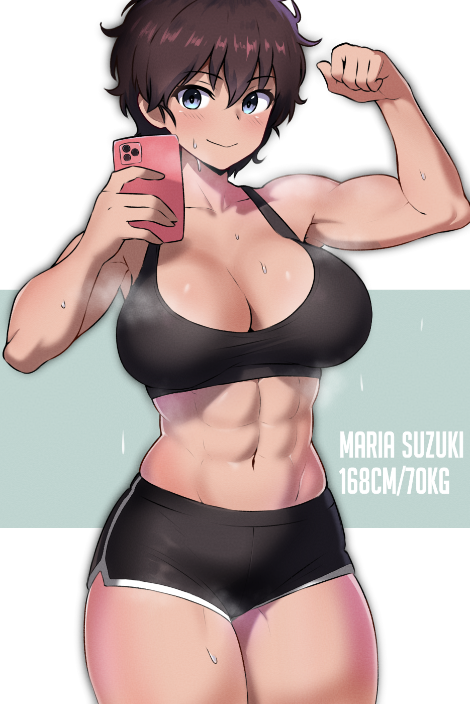 1girl abs amogan arms_up black_hair black_shorts black_sports_bra blue_eyes breasts cellphone clenched_hand commentary commission dark_skin flexing girls_und_panzer highres holding holding_phone muscular muscular_female navel one_eye_closed open_mouth phone pixie_cut pixiv_commission selfie short_hair short_shorts shorts simple_background smartphone solo sports_bra steaming_body suzuki_(girls_und_panzer) sweat tan white_background
