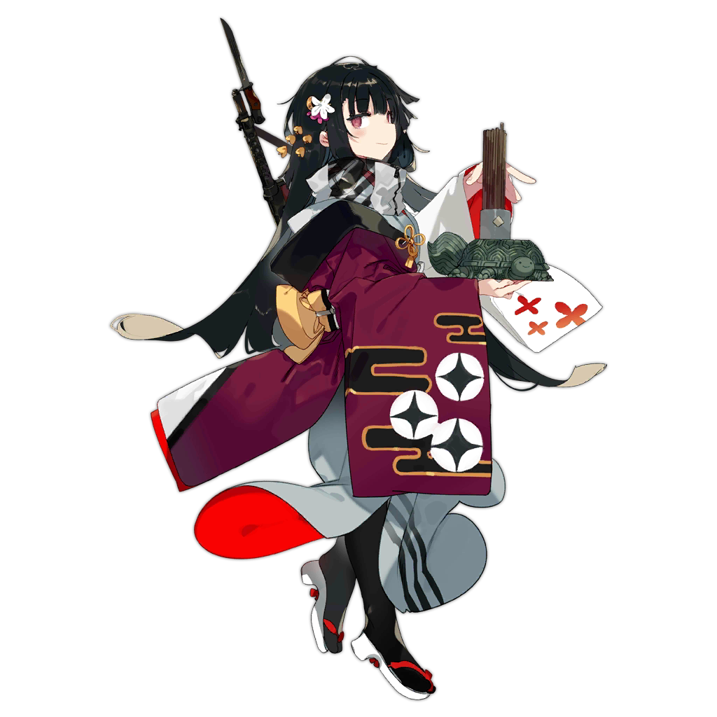 1girl bayonet black_hair black_pantyhose c: clothing_request flower flower_request full_body geta girls'_frontline gun gun_on_back hair_flower hair_ornament holding japanese_clothes karei kimono long_hair looking_at_viewer looking_to_the_side official_alternate_costume official_art omikuji pantyhose red_eyes red_kimono simple_background smile solo standing statue submachine_gun transparent_background turtle type_100 type_100_(girls'_frontline) type_100_(kagura_in_black)_(girls'_frontline) very_long_hair weapon weapon_on_back white_footwear white_kimono zipper
