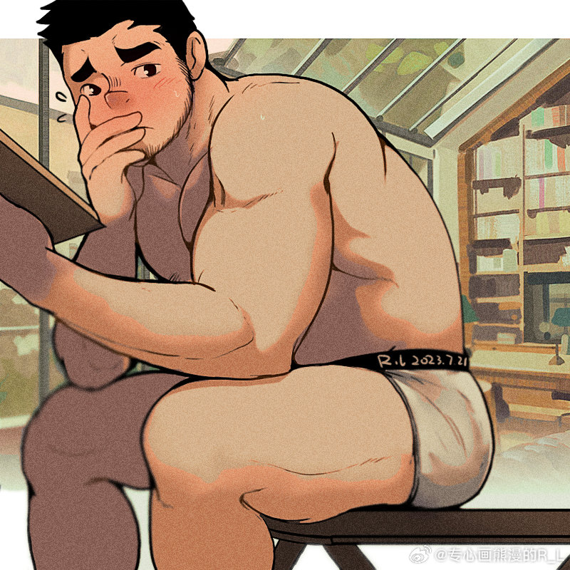 1boy bara beard_stubble black_hair blush book boxers elbow_rest feet_out_of_frame flying_sweatdrops from_side hand_on_own_cheek hand_on_own_face holding holding_book leaning_forward looking_at_viewer male_focus male_underwear muscular muscular_male nipples open_book original pectorals r.l_(2089184064) short_hair shy sideburns sitting solo thick_eyebrows thick_thighs thighs topless_male underwear white_male_underwear