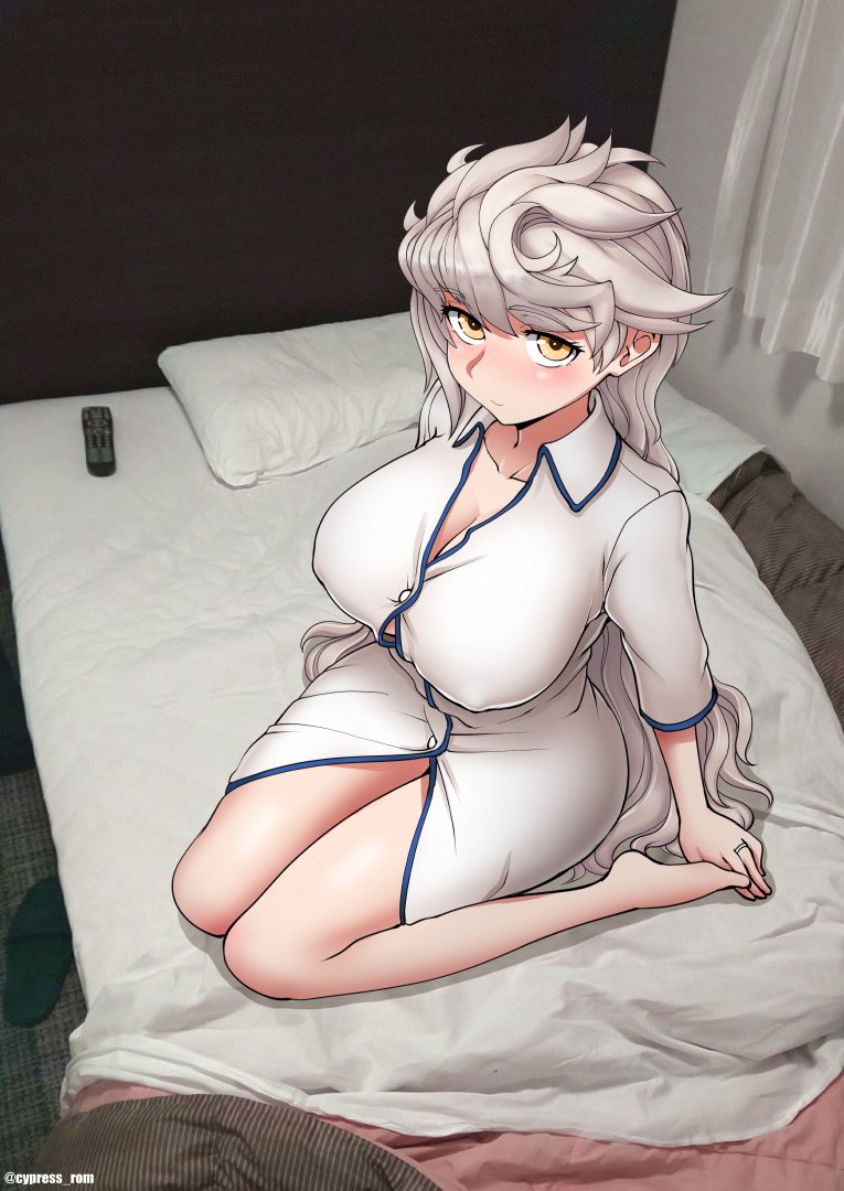 1girl asymmetrical_hair bed blush breasts controller covered_nipples curtains cypress hotel_room kantai_collection large_breasts long_hair pillow remote_control sitting thighs unryuu_(kancolle) untied wariza wavy_hair white_hair yellow_eyes