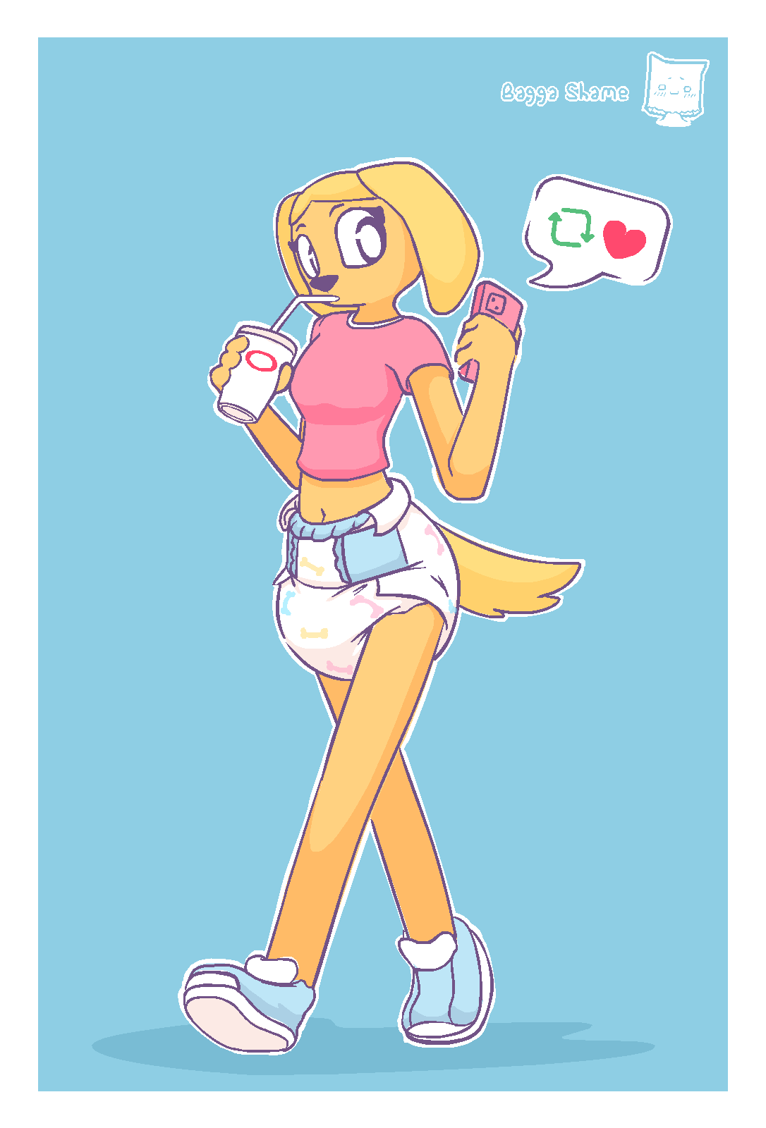 &lt;3 anthro baggashame canid canine canis cellphone clothing container cup diaper domestic_dog drinking female footwear hi_res looking_at_object looking_at_phone mammal navel phone retweet shoes solo straw walking watermark