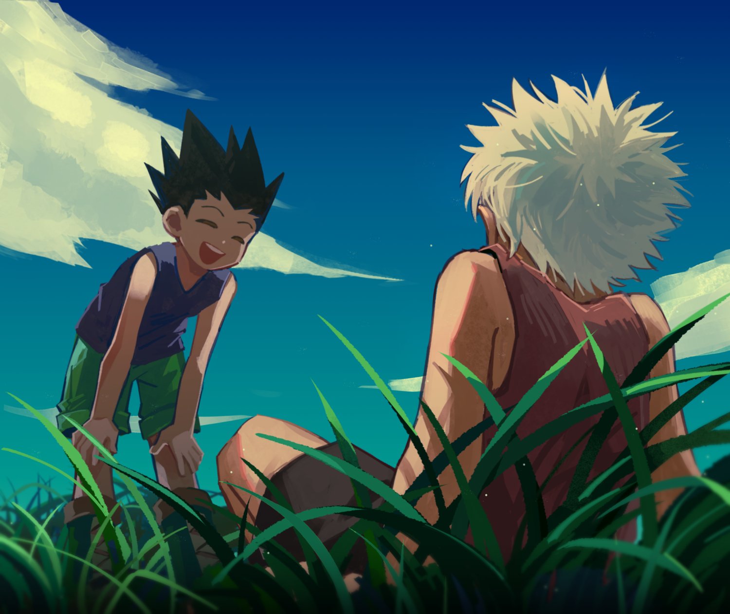 2boys black_hair blue_sky child cloud cloudy_sky commentary_request day gon_freecss green_shorts hands_on_own_knees highres hunter_x_hunter kazhi killua_zoldyck looking_at_another male_child male_focus multiple_boys on_grass outdoors painting_(medium) purple_shirt shirt short_hair shorts sky smile spiked_hair teeth traditional_media upper_teeth_only white_hair