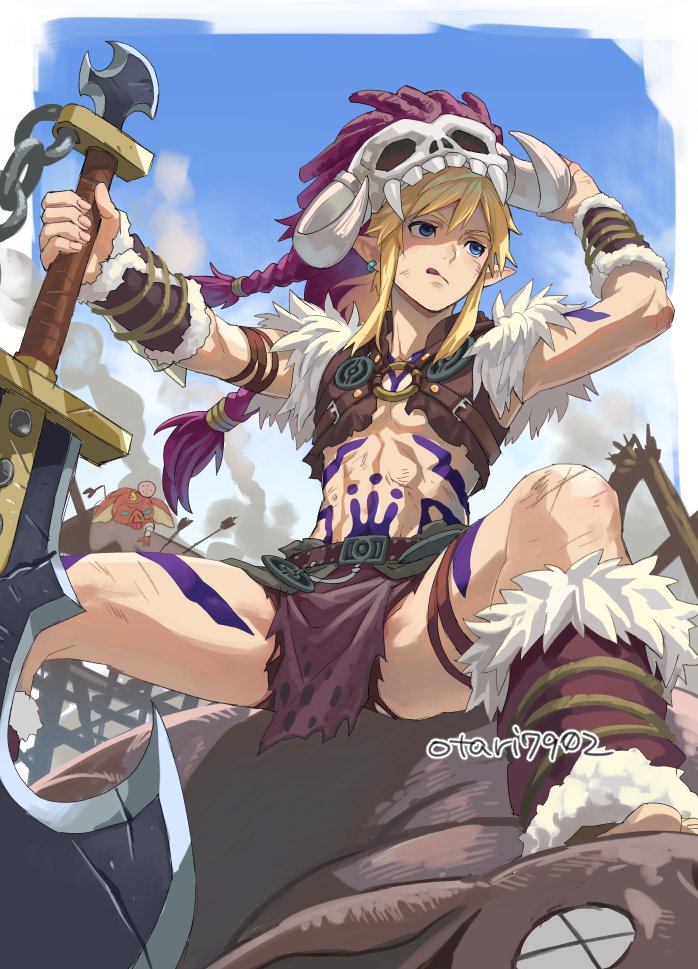 1boy :p after_battle armor arrow_(projectile) axe barbarian_set_(zelda) battle_axe belt blonde_hair blue_eyes blue_sky bodypaint bokoblin boots cropped_vest earrings fake_horns fur-trimmed_boots fur-trimmed_vest fur_trim head_bump helmet holding holding_axe horned_helmet horns indesign injury jewelry leather_armor link male_focus medium_hair outdoors planted planted_axe pointy_ears ponytail skull_on_head sky spread_legs the_legend_of_zelda the_legend_of_zelda:_breath_of_the_wild the_legend_of_zelda:_tears_of_the_kingdom tongue tongue_out twitter_username vest weapon