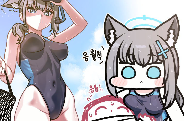 1boy 1girl animal_ear_fluff animal_ears arona's_sensei_doodle_(blue_archive) black_one-piece_swimsuit blue_archive blue_eyes blue_halo blush blush_stickers breasts competition_swimsuit covered_navel cross cross_hair_ornament extra_ears grey_hair groin hair_ornament hairclip halo highleg highleg_swimsuit inverted_cross jazz_jack long_hair low_ponytail medium_breasts medium_hair mismatched_pupils multicolored_clothes multicolored_swimsuit multiple_views official_alternate_costume one-piece_swimsuit ponytail sensei_(blue_archive) shiroko_(blue_archive) shiroko_(swimsuit)_(blue_archive) snorkel solo swimsuit two-tone_swimsuit wet wet_clothes wet_swimsuit wolf_ears